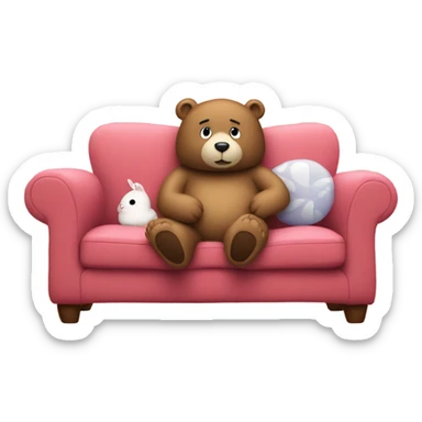 Bear on couch with thought bubble with a bunny inside and hearts sticker