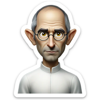 Warcraft elf award winning Steve Jobs in Apple ad style, oil paint, mysterious eyes, intricate lips, masterpiece pose, odd perspective, beautiful, desirable, logical sticker