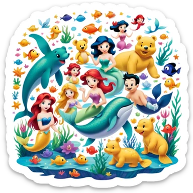 Icon for Animated Characters: A colorful, large-scale collage of beloved cartoon characters, including Franco, Mickey Mouse, Winnie-the-Pooh, Ariel the Little Mermaid, Jasmine and others. Bright and vibrant, full of whimsical charm. Transparent background. sticker