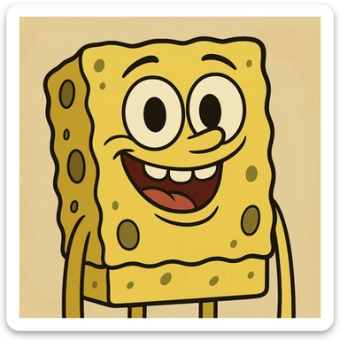 cartoon-style smiling sponge with big eyes, bright yellow, simple background sticker