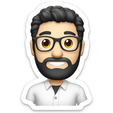 male virtual assistant with a smiling  holding a digital tablet or stylus wearing eye glasses and white shirt black hair sticker