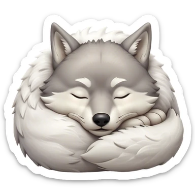 Meme-Worthy Cute Sleeping Wolf Portrait Emoji, Head resting peacefully with a contented smile, showcasing a robust build and a luxuriously soft grey and white Fur, eyes shut in a serene, restful nap, Simplified yet hilariously adorable features, highly detailed, glowing with a soft, drowsy light, high shine, relaxed and utterly lovable, stylized with an air of playful laziness, bright and heartwarming, soft glowing outline, capturing the essence of a comically sleepy wolf, so meme-worthy it feels like it could instantly become the next viral sensation of adorable slumber! sticker