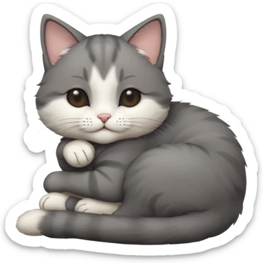 dark grey and white small cat with eyes closed, leaning his head on his paw while leaning on his elbow lying down sticker
