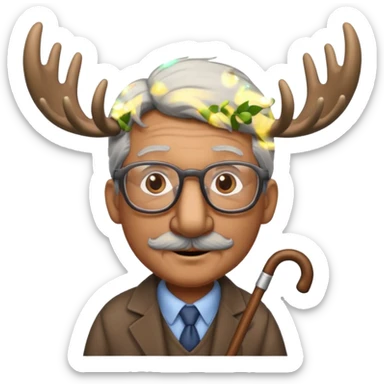 Create a slack emoji of a moose that looks very old.  He may have grey hair, glasses, and a cane. sticker