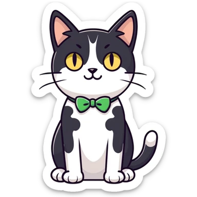 Female Tuxedo domestic short hair, more white than black similar to a cow, green/gold eyes sticker