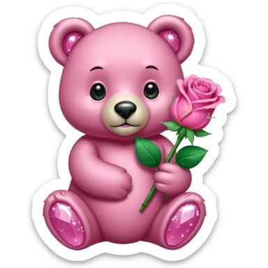 pink diamond bear holding a pink rose sticker