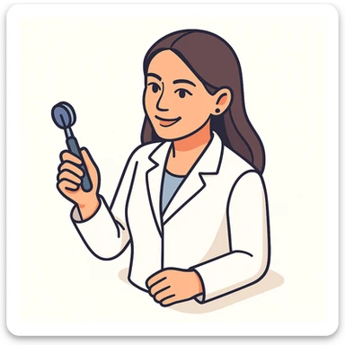 A female doctor with dark long straight hair and detailed brown eyes (not just dots), smiling, wearing a white medical coat, holding a medical instrument, in 2D isometric style with a minimalist background. Provide several variations of pose and facial expression. sticker