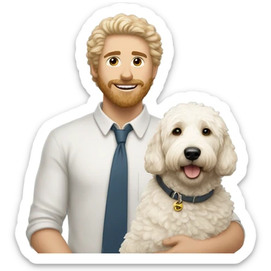 White mini golden doodle with man sticker