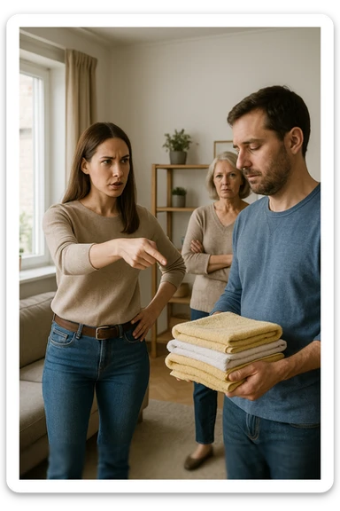 a woman stands assertively in the center of a living room, giving clear instructions to her partner. The man, with a submissive and resigned expression, follows her directions, perhaps holding household items or performing a chore. Behind them, an older woman (the mother-in-law) stands with crossed arms and a disapproving look, watching the scene unfold. The lighting is natural, and the atmosphere is tense but realistic. sticker