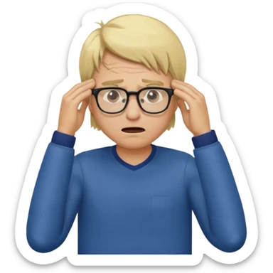 Man pulling hair out with glasses and blonde sticker