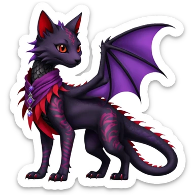 Kawaii feral, four-legged gothic dark badass black, red, purple, beautiful pretty elegant divine edgy feline-vernid-sergal-Haku-dragon-fursona-animal-creature, full body, with intricate detailed markings, silken shawl sticker