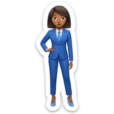 black woman in a blue smart suit and shoes, standing with hands by her side, neutral expression sticker