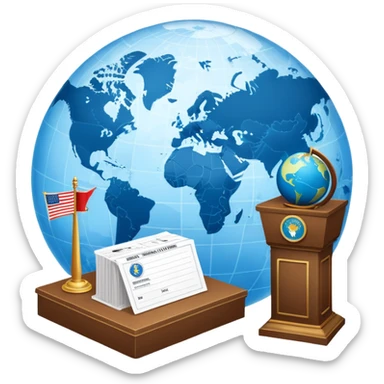 An icon featuring a podium with a speaker, a ballot box with a voting slip, and a globe, symbolizing political science. The design includes scales of justice and a world map in the background, representing governance and global politics. Transparent background highlights political analysis. sticker