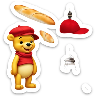 parisien style white winnie the pooh, with red beret on head and baguette in arms, and with eiffel tower in background sticker