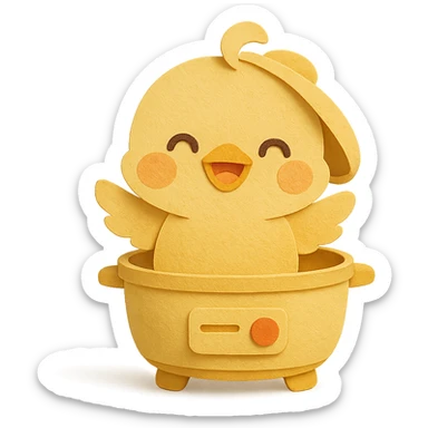 chibi egg cooker chick popping out of the lid, smiling brightly, soft yellow tones, full-body sticker