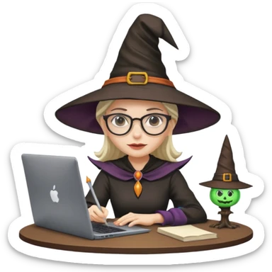A female video editor wearing glasses, dressed like a witch with a pointed hat, sitting at a laptop editing a video, cinematic lighting, cozy creative studio, professional look, high quality, realistic sticker