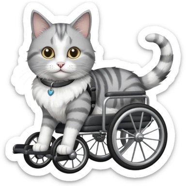 disabled grey and white cat using cat wheelchair sticker
