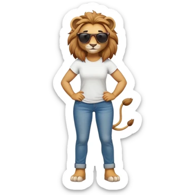 friendly anthropomorphised female lion character, full body, standing confidently with legs shoulder width apart and arms folded, wearing jeans, a white t-shirt, and dark sunglasses, with a confident smile sticker