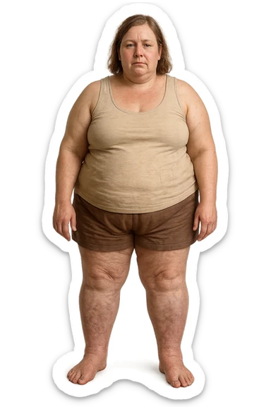 donna realistica leggermente in sovrappeso con vene visibili sulle gambe e gambe gonfie, iperrealistica 4k, IPERREALISTICA 4K sticker