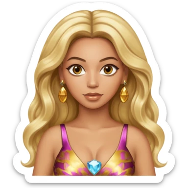 Beyonce hazel eyes, platinum blonde long hair, gold dress with earrings sticker