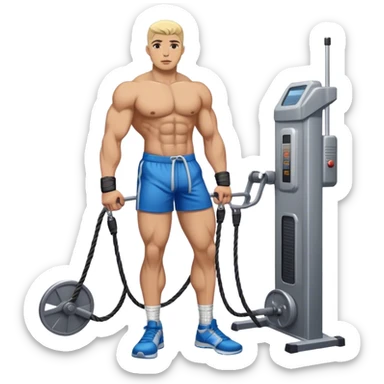 athlete standing next to cable-machine with cable tied to ankle cuffs sticker
