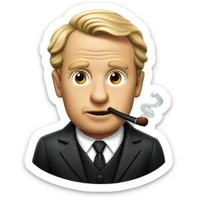 David Ogilvy wearing a black suit while in his mouth he has a classic tabaco pipe  sticker