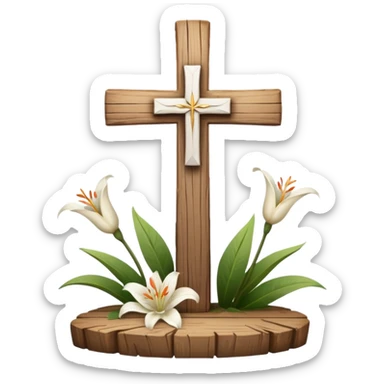 A wooden cross with lilies around the base sticker