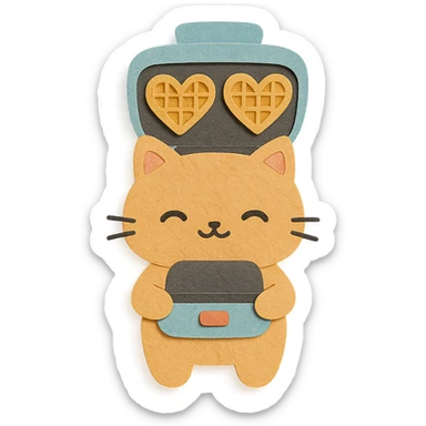 chibi waffle maker cat showing heart-shaped waffles, pastel orange, full-body sticker