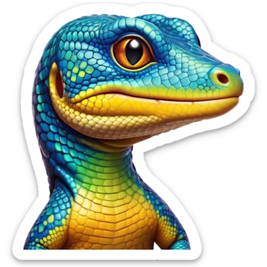 Cinematic Cute Monitor Lizard Portrait Emoji, Head tilted playfully and inquisitively, with a sleek, patterned body accented by vibrant hues and round, sparkling eyes full of wonder, Simplified yet irresistibly adorable features, highly detailed, glowing with a warm, friendly glow, high shine, affectionate and lively, stylized with a touch of exotic charm, bright and endearing, soft glowing outline, capturing the essence of a mischievous yet captivating lizard that seems as if it could scuttle out of the screen into your arms! sticker