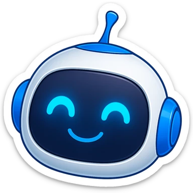 Create an image of a robot head only, matching the style and colors of the reference robot which is blue and white, with glowing blue eyes. The robot head should look cute and friendly. No background, transparent background preferred. sticker