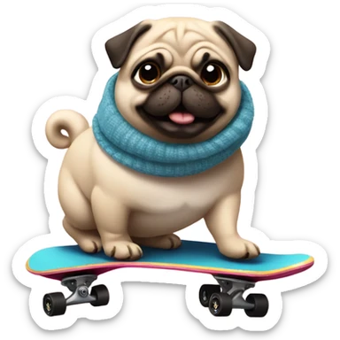 A chubby pug riding a skateboard with heels and a scarf sticker