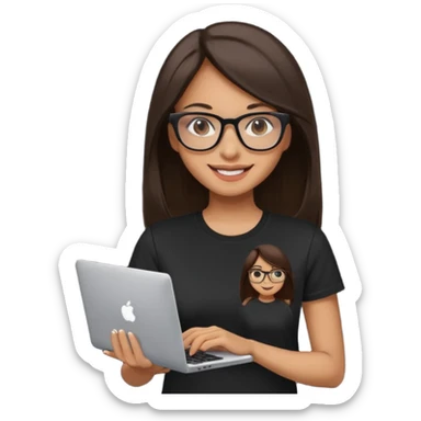 woman with tan skin, long straight dark-brown hair and glasses, smiling and holding mac computer, wearing black t shirt sticker