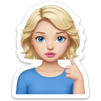 Girl Blonde short wavy hair,  blue eyes, cute blue top, long lashes, pink lips, showing thumbs down 👎  sticker
