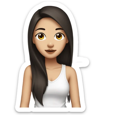 a pretty girl, asian, straight long dark brown hair, dark brown eyes, with a white pillow and white bedsheets sticker