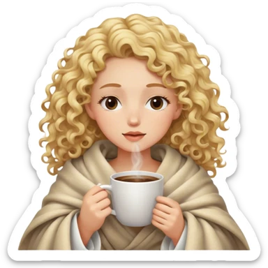 White girl blonde curly hair inside a blanket sipping coffee eyes closed sticker