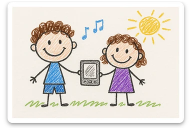 Two children, a boy (6) and a girl (4) with brown curly hair, enjoying music from an iPad, in children's doodle style sticker