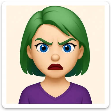Edit the image of a girl with green hair and angry expression to have blue eyes and dark red lipstick in an emoji style. sticker