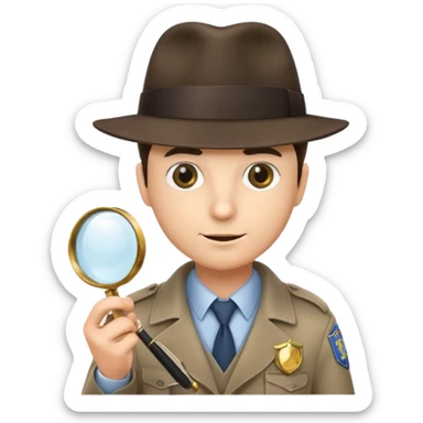 a detective with a hat, a magnifying glass and a badge sticker