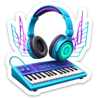 Create a creative and technical emoji that represents sound design. The design should feature a soundwave, a pair of studio headphones, and an audio synthesizer or soundboard to symbolize the manipulation and creation of unique soundscapes. Add subtle elements like audio cables, a mixing console, or a waveform to reflect the technical aspect of sound design. Use vibrant, futuristic colors like neon blue, purple, and green to represent innovation and creativity in sound. The background should be transparent. sticker