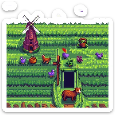 medieval farm pixel art style, barn, windmill, pixelated animals, green field sticker