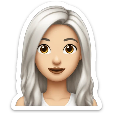 One white women with long dark brown hair and long eyelashes dark brown eyes and thick dark brown eyebrows with one black dog with a white stripe on the neck and ears raised up sticker