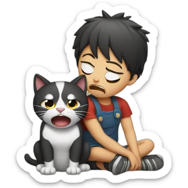 crying kid sitting on an angry cat sticker