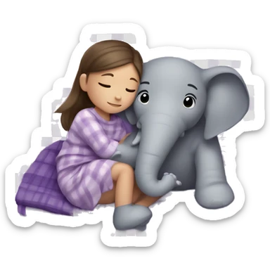 A little girl with brunette hair in two French braids laying in a bed wrapped in a plaid purple blanket hugging a stuffed gray elephant.  sticker