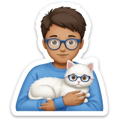A boy wearing a sweatshirt and glasses holding a white cat sticker