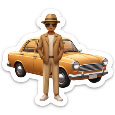 A parked car rests on the side of a long with a person outside , empty road stretching toward a golden sunset. The sky glows with warm colors, and the landscape ahead feels open, peaceful, and full of promise. sticker