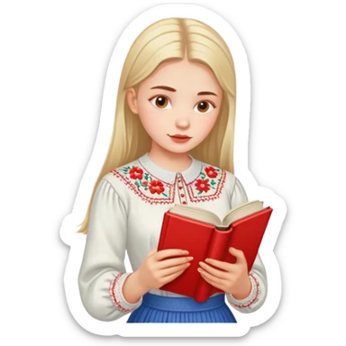 A Ukrainian girl in an embroidered shirt reads a red book sticker