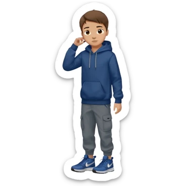 boy with brown hair light skin dark blue hoodie black cargo pants grey nike shoes sticker