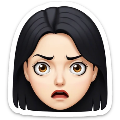 white woman black hair with face of shock, fear, and a raised eyebrow sticker