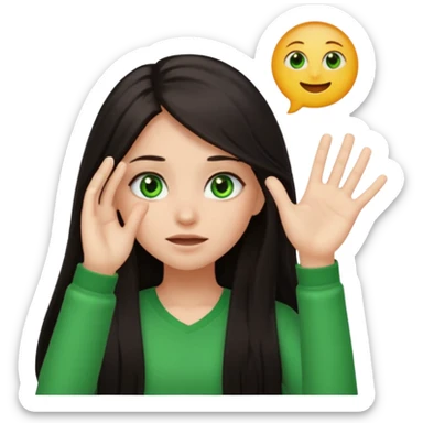 Animated girl dark long hair green eyes emoji with duh facial expression ,one hand on top of her head sticker