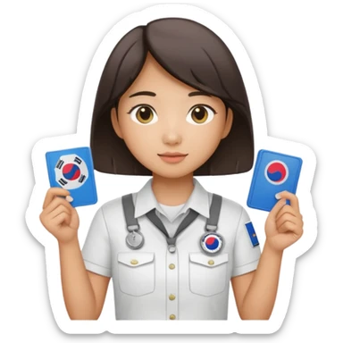 A young Asian guide holding her tour license in both hands, wearing a white shirt with the South Korea badge on her chest. sticker